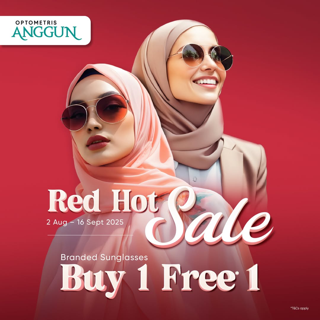 Promotional image showcasing a variety of stylish eyewear and Merdeka celebration elements at Optometris Anggun.
