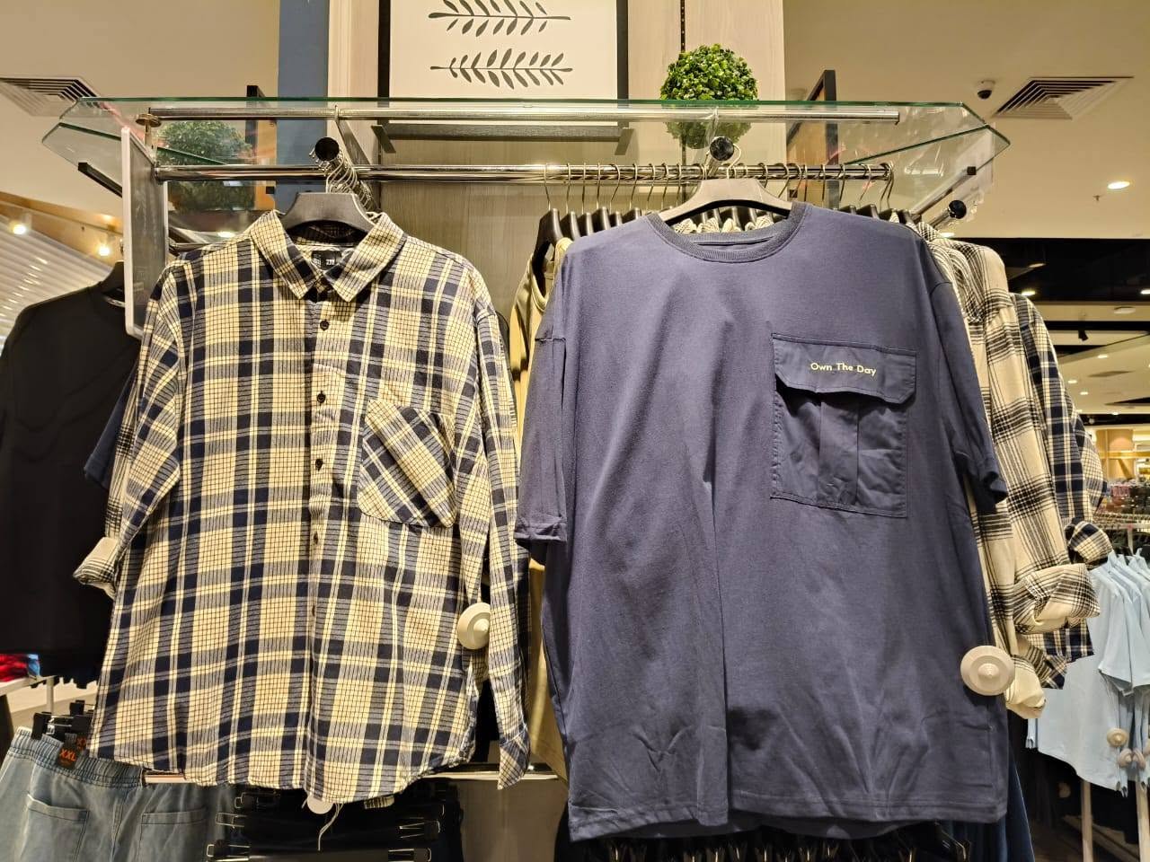 Men Plus Own The Day navy crewneck and beige check shirt