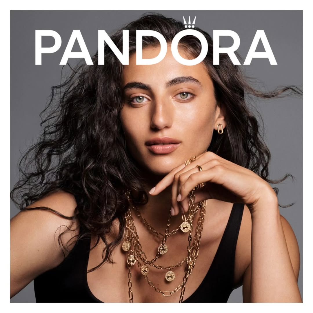 A curated display of Pandora jewelry, featuring bracelets, charms, and a selection of rings.