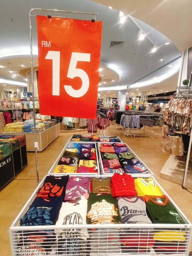 Graphic t-shirts from Brum, Surf Time, and Play brands at RM15