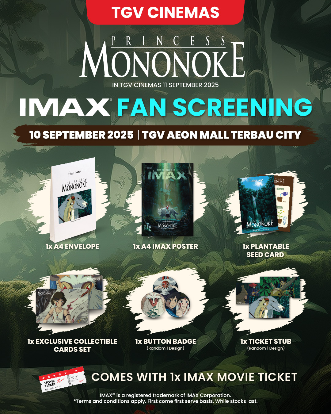 Promotional image for Princess Mononoke fan screening event featuring characters and event details.