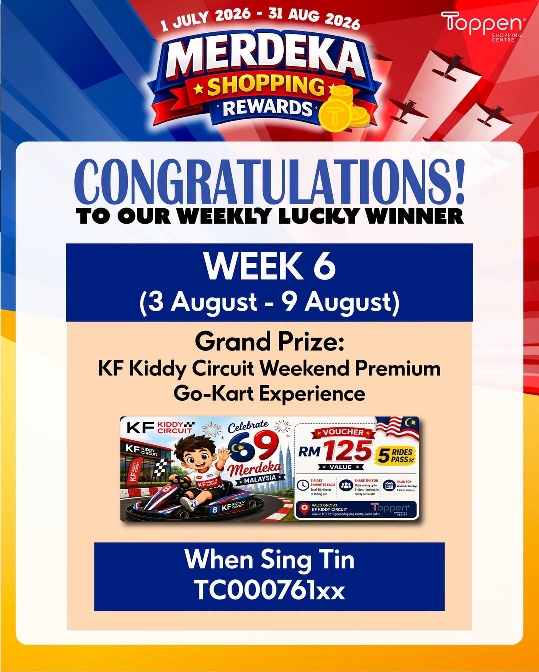 Toppen Merdeka Rewards Week 6 Winner Gets KF Kiddy Circuit Voucher