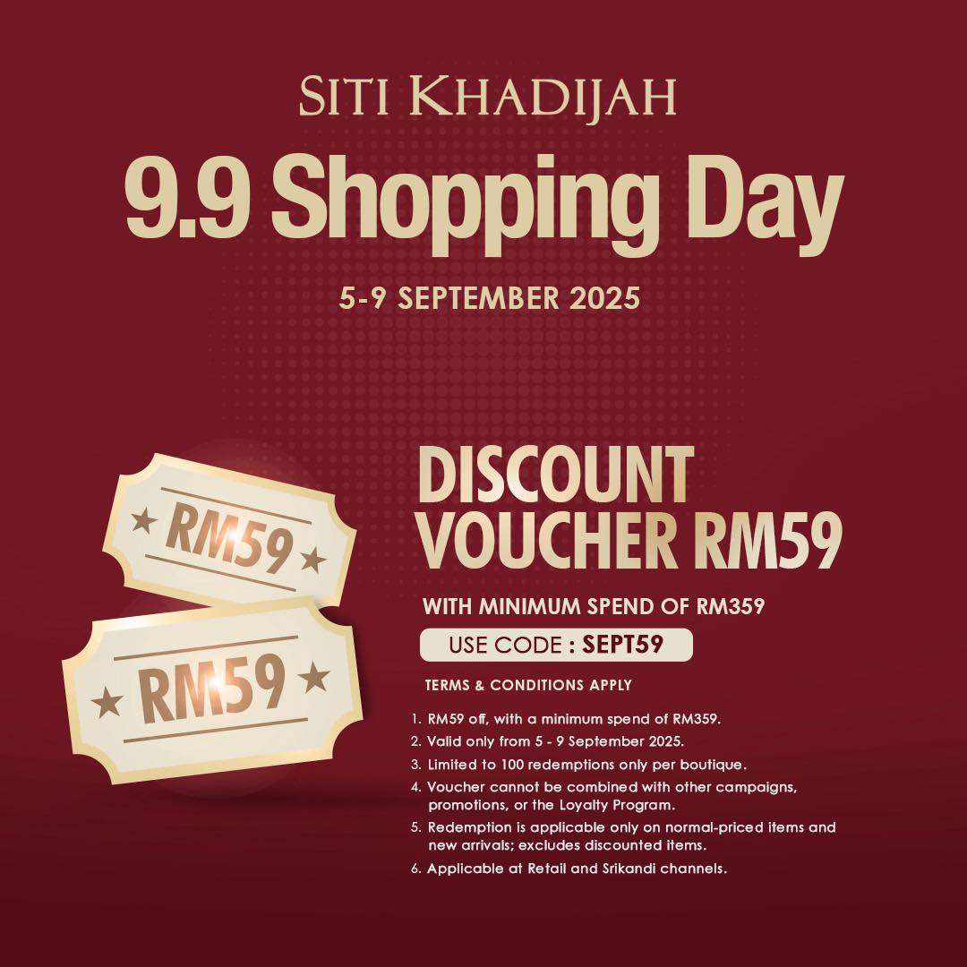 A visual representation of the 9.9 Shopping Day promotion at Siti Khadijah boutique, featuring a discount offer.