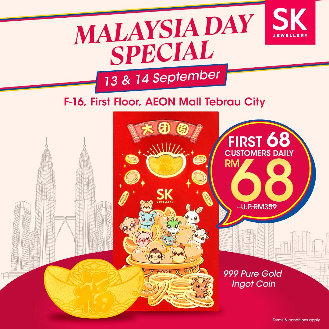 A gleaming 999 Pure Gold Ingot Coin, symbolizing a special Malaysia Day offer.