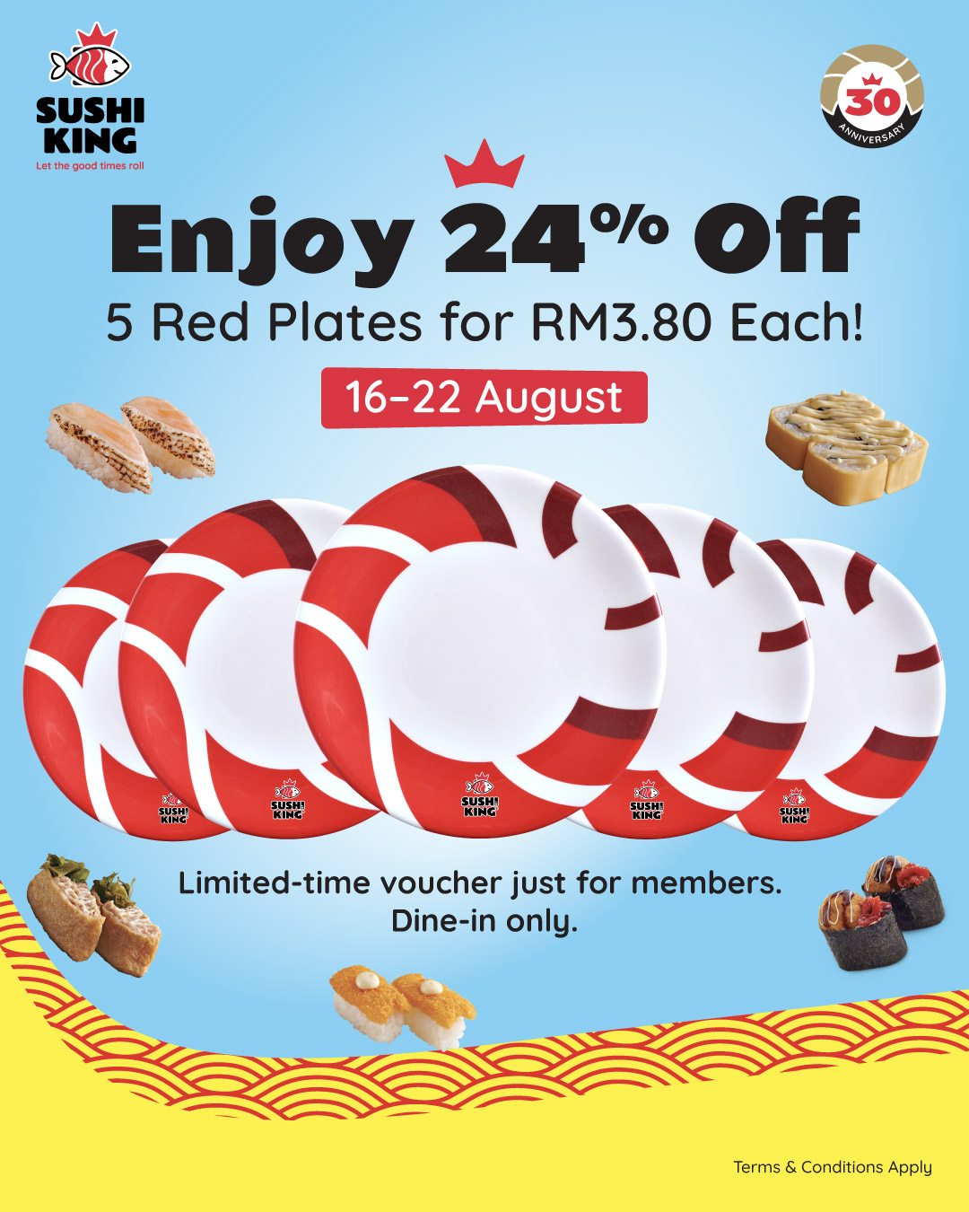 A vibrant display of various red plate sushi dishes, showcasing the tempting offer at Sushi King.