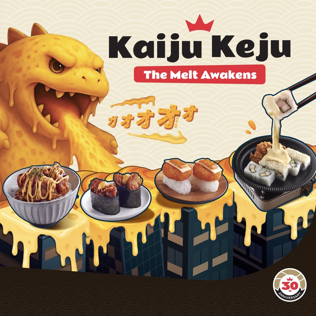 A promotional image for Sushi King's Kaiju Keju, showcasing a plate of sushi topped with generous melted cheese.