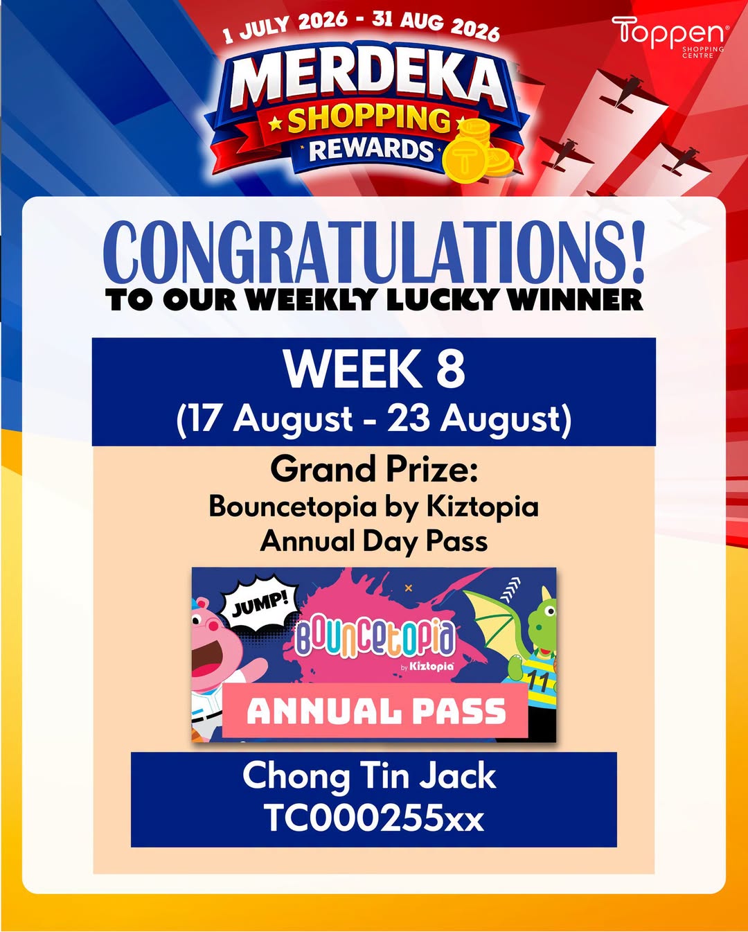 Toppen Merdeka Shopping Rewards Week 8 Winner Announced, One Grand Prize Left