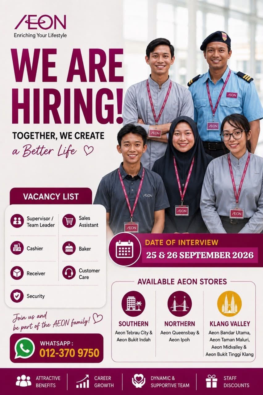 AEON Tebrau City Walk-In Interview 25-26 Sept 2026, RM1,700 Salary