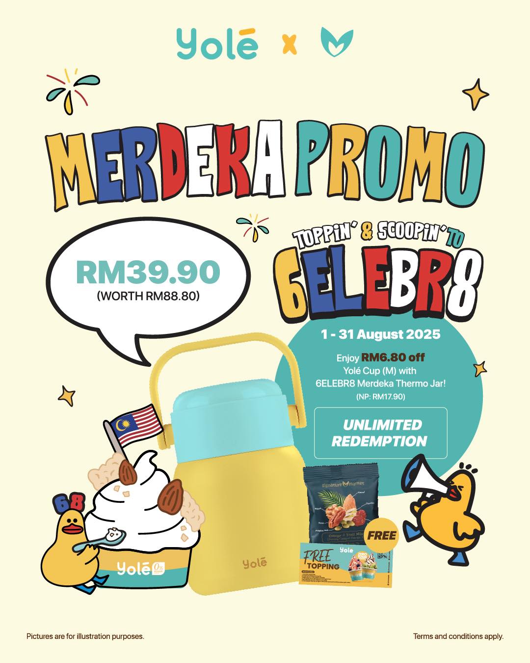 Yolé's Merdeka 6ELEBR8 Thermo Food Jar and special promotion featuring a frozen yogurt cup.