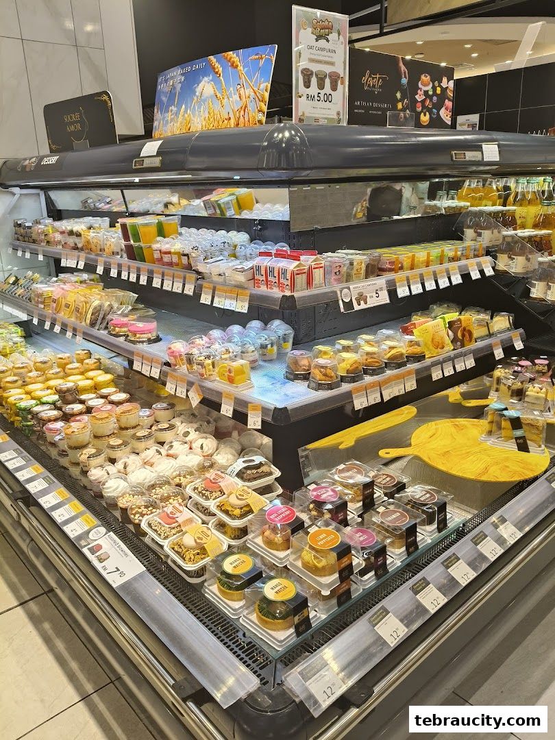 A display of various desserts and drinks in a refrigerated section of a store.