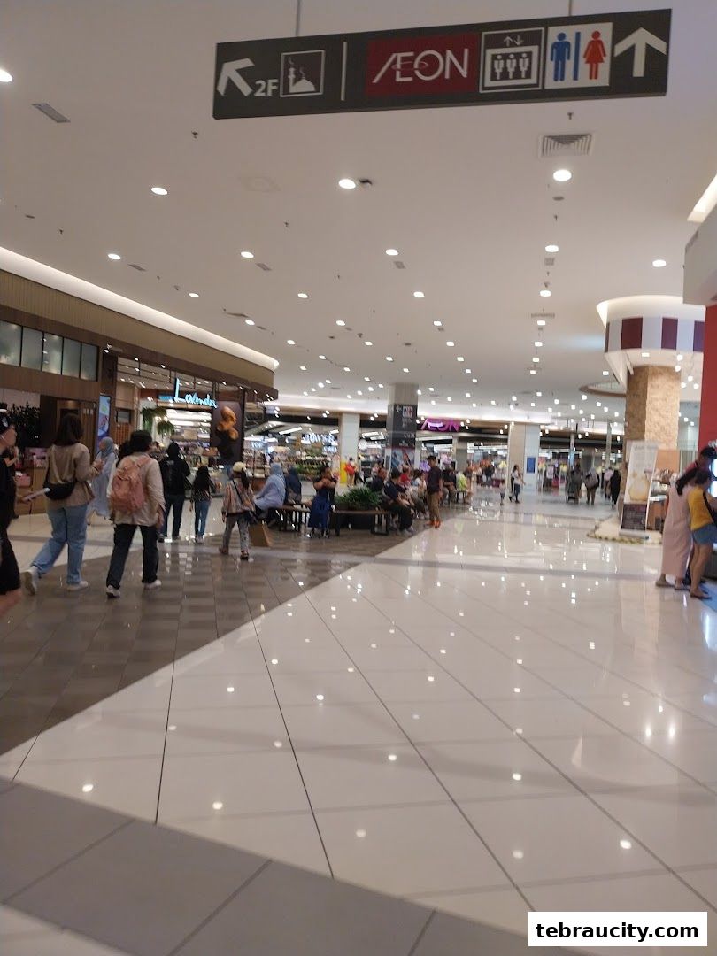 A wide shot of a busy shopping mall interior with people walking and shops visible.