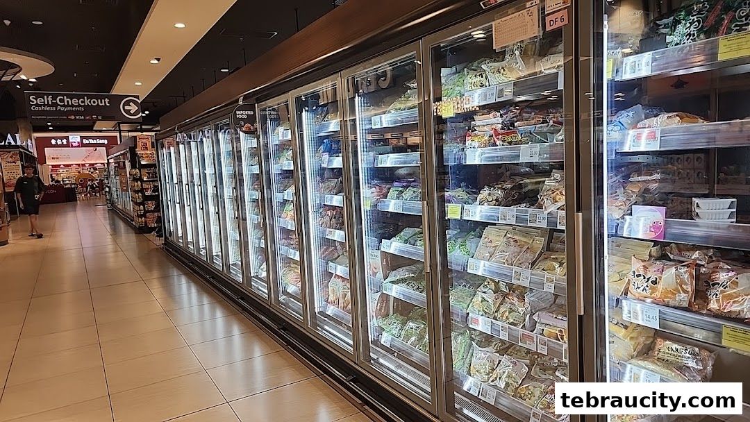 A wide aisle in a supermarket with rows of refrigerated display cases filled with frozen food.