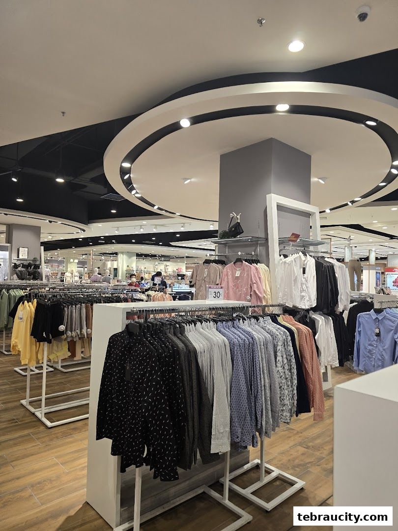 Interior view of a clothing store with racks of men's shirts and casual wear.