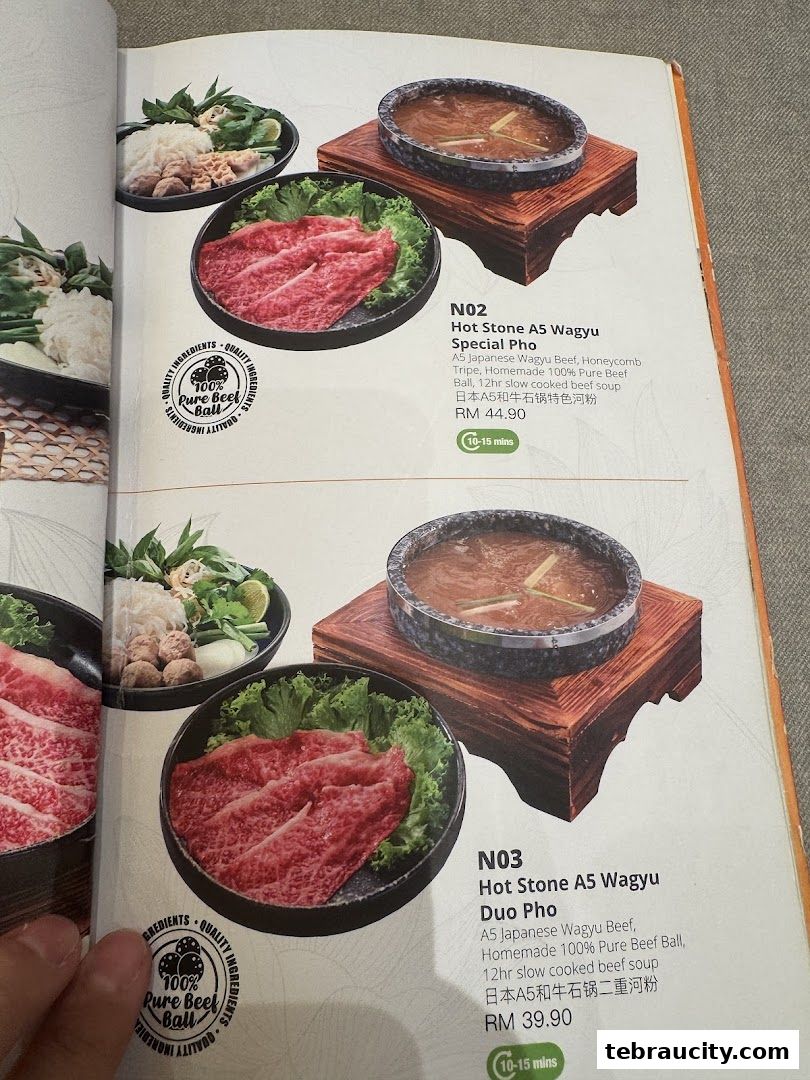 A menu page showcasing two premium Vietnamese pho dishes with Wagyu beef.