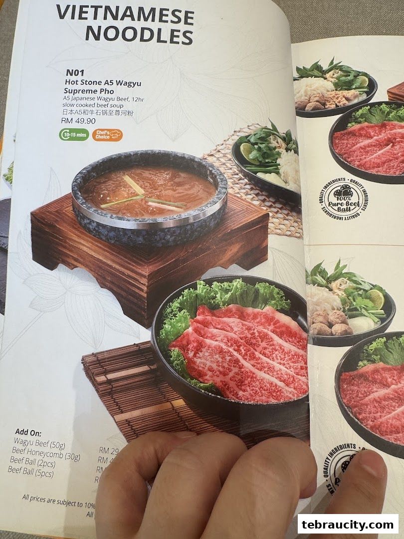 A menu page showcasing Vietnamese noodles with a focus on Wagyu beef pho.