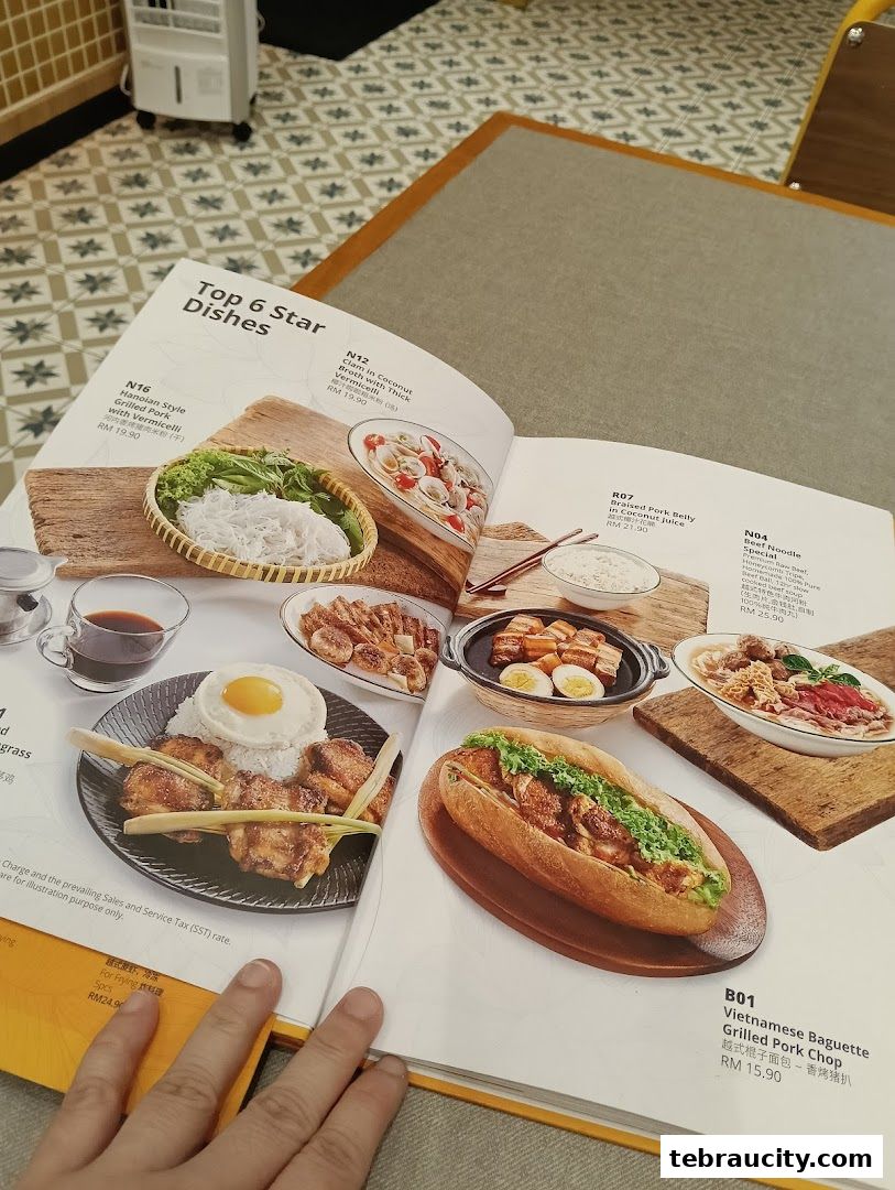 A menu from a Vietnamese restaurant showcasing top dishes with appealing food photography.