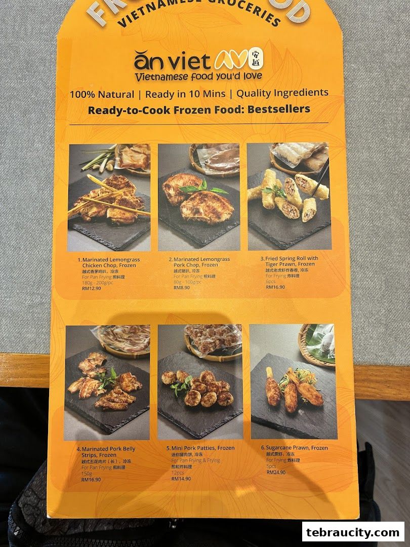 A menu showcasing various ready-to-cook Vietnamese frozen food items with appetizing images.