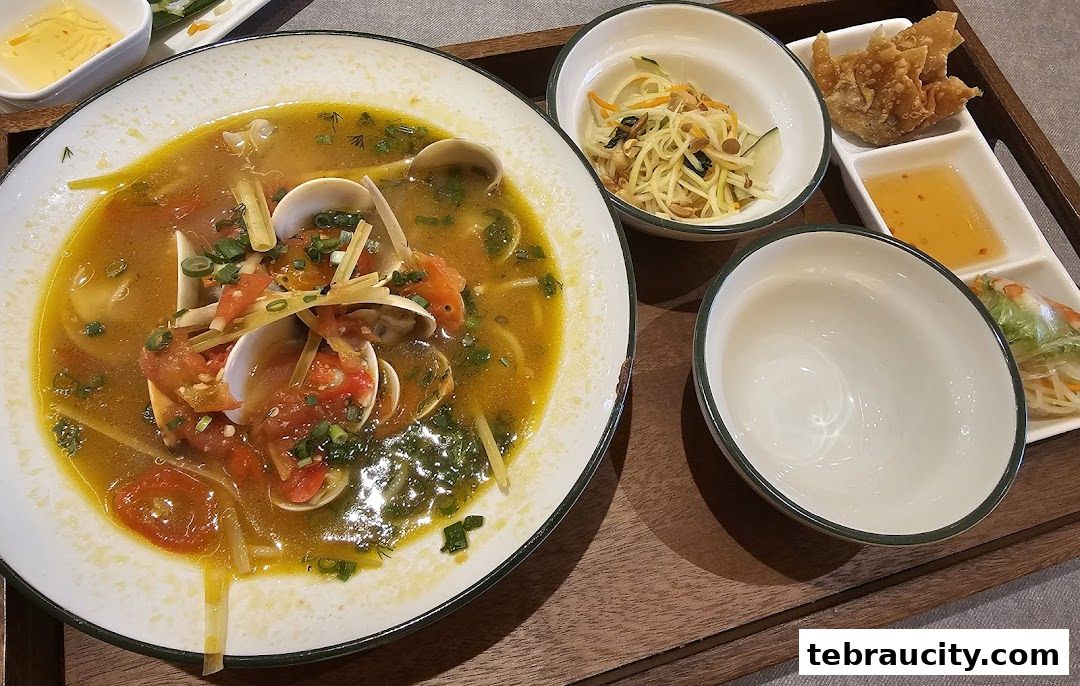 A close-up of a Vietnamese seafood soup with clams, tomatoes, and herbs, served with side dishes.
