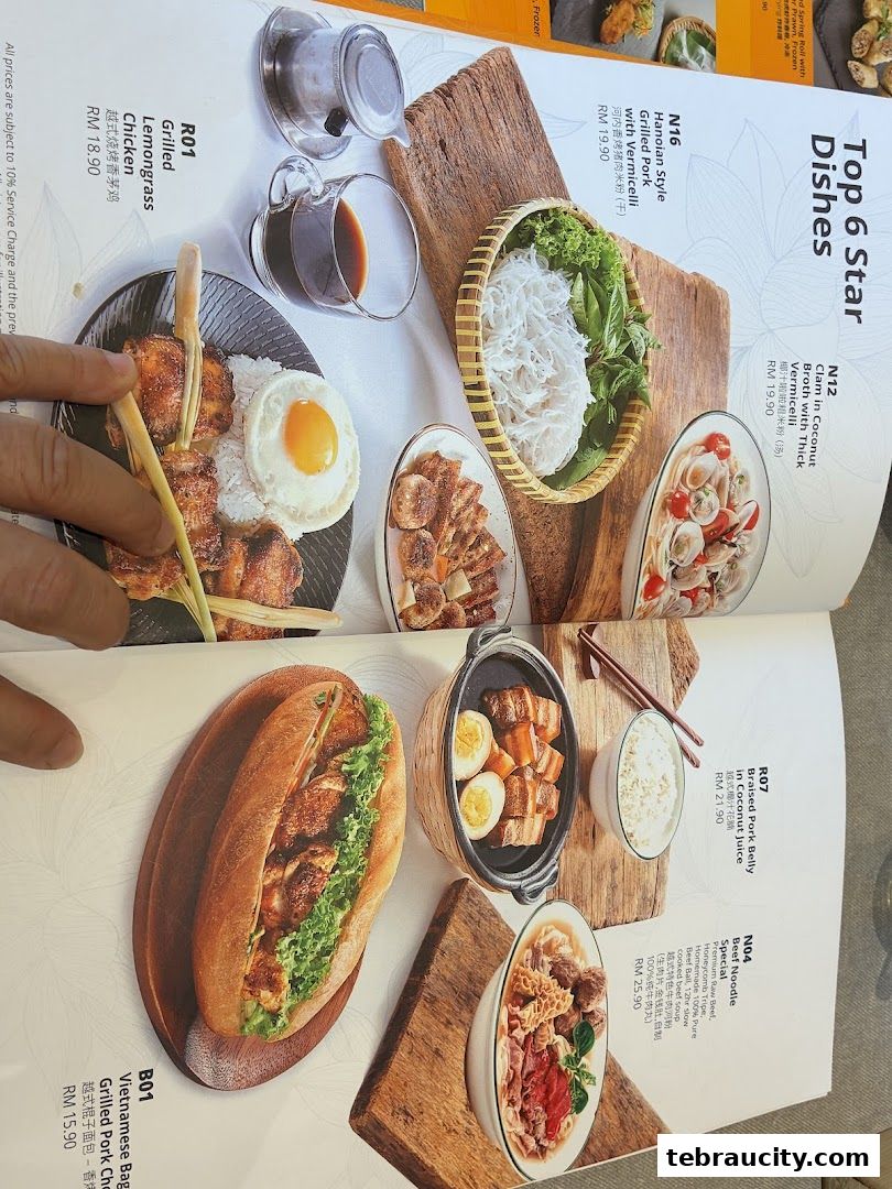 A menu from An Viet featuring Vietnamese dishes like grilled chicken, pork, and beef noodles.
