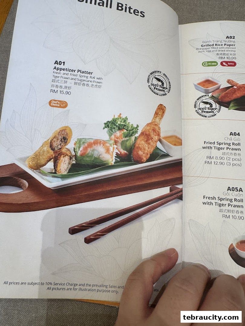 A menu page showcasing Vietnamese appetizers like spring rolls and grilled rice paper.