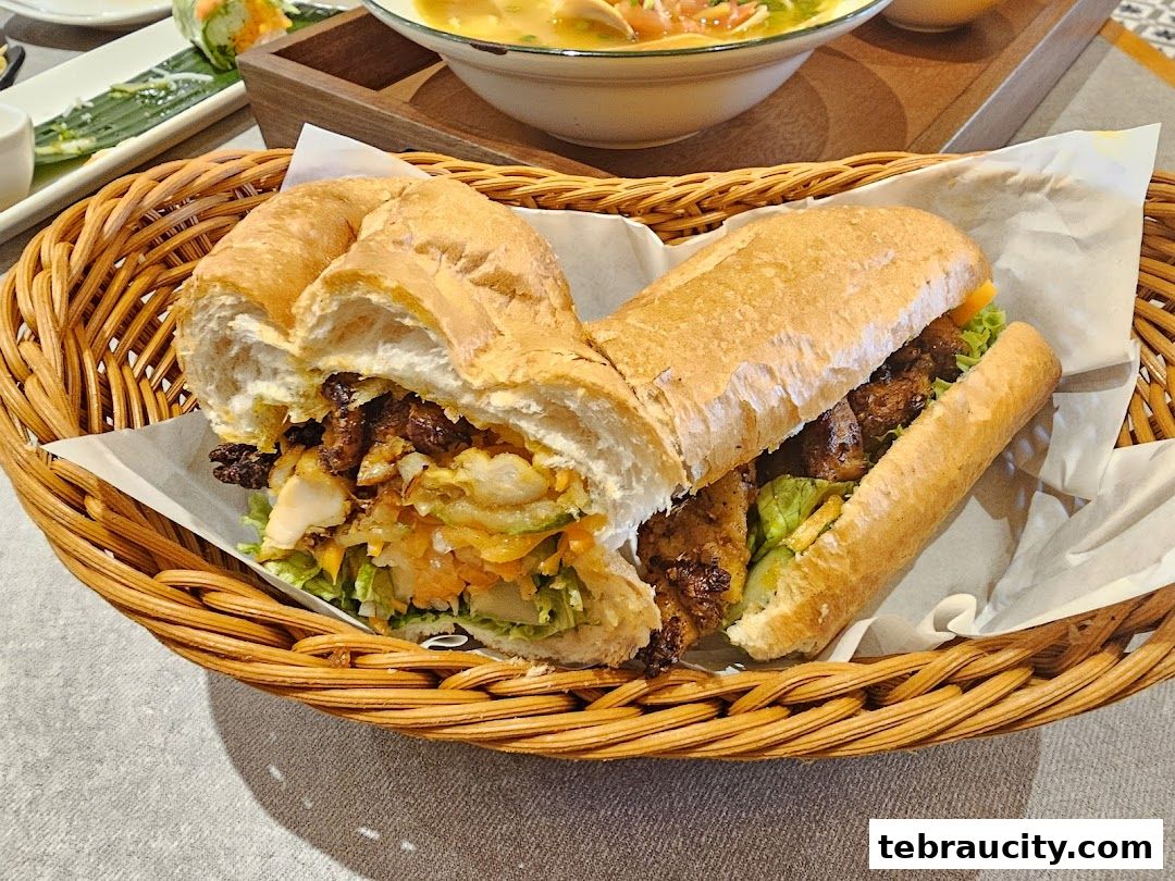 A delicious Vietnamese Banh Mi sandwich filled with meat and vegetables, served in a basket.