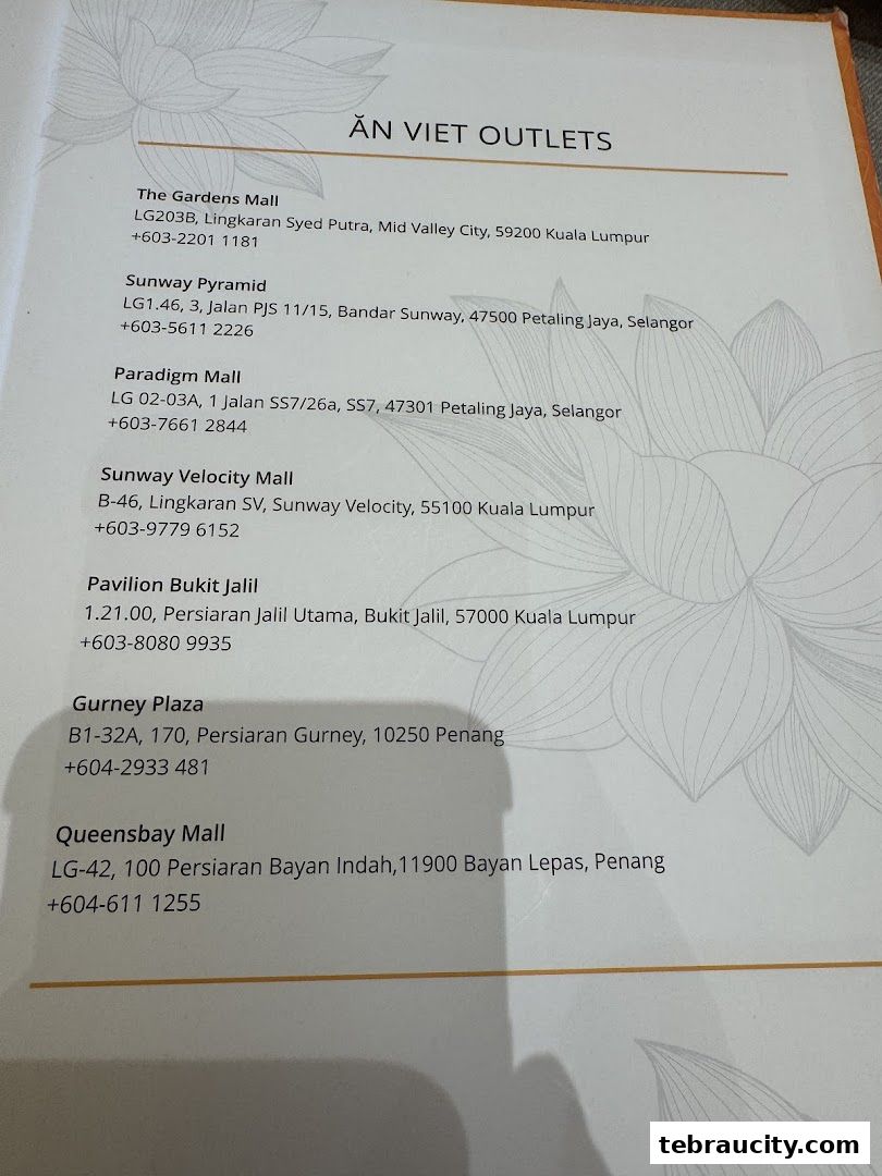 A list of Ăn Việt restaurant outlets with their addresses and contact numbers.