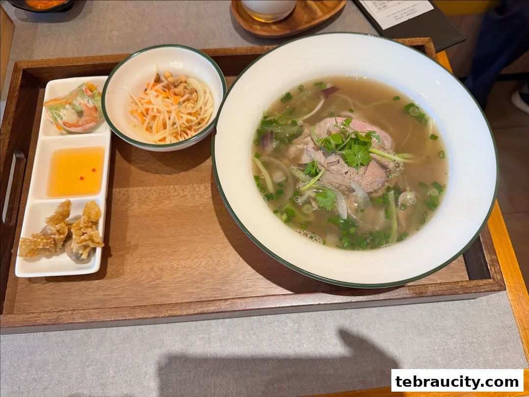 A delicious bowl of Vietnamese pho with a side of spring rolls, dipping sauce, and papaya salad.