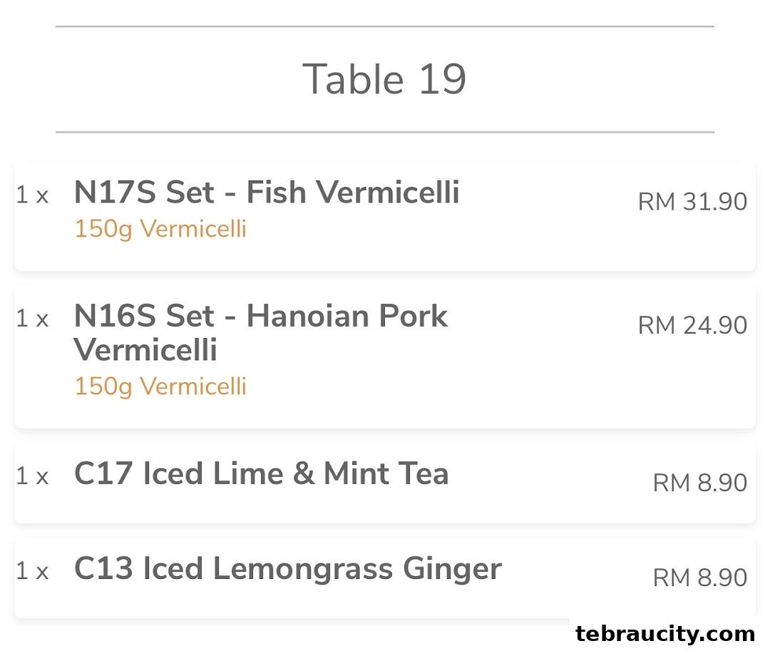 A digital menu displaying Vietnamese food items and their prices.
