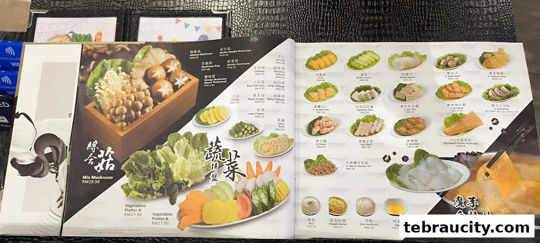 A menu showcasing various shabu-shabu ingredients, including mushrooms, vegetables, seafood, and noodles.