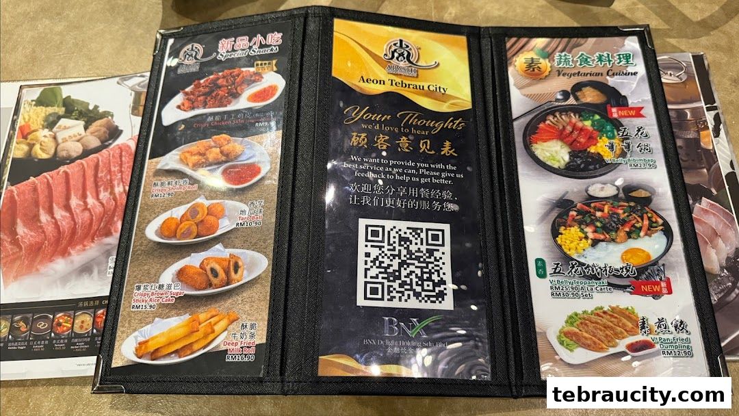 A menu from Arashi Shabu-Shabu Aeon Tebrau City featuring special snacks and vegetarian cuisine.