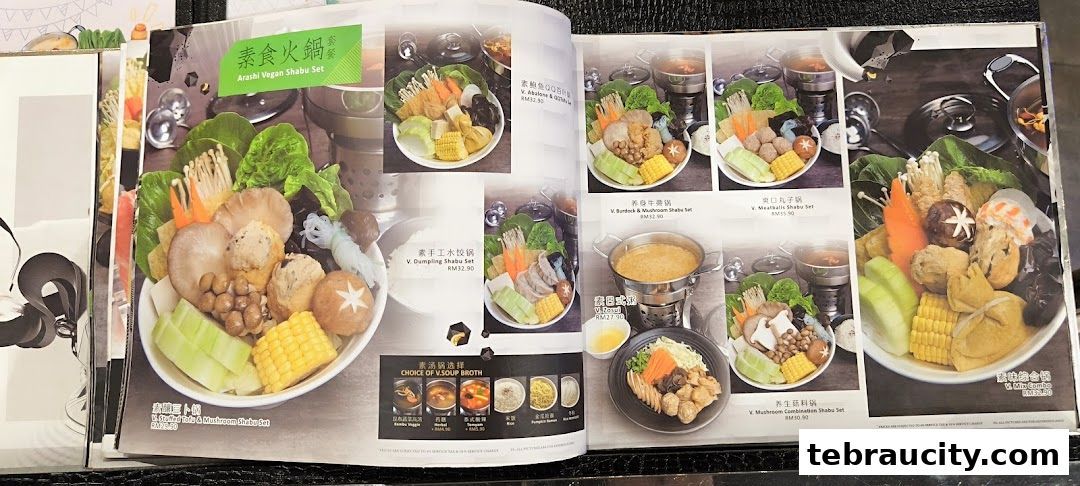 A menu showcasing various vegan shabu-shabu sets with fresh ingredients and broth options.