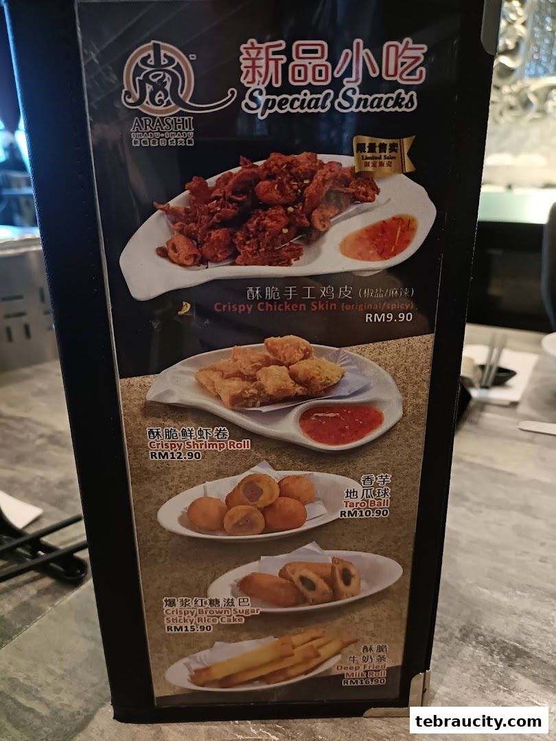A menu featuring various special snacks from Arashi Shabu-Shabu.