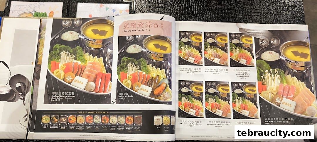 A menu showcasing various shabu-shabu combo sets with fresh ingredients and broth options.