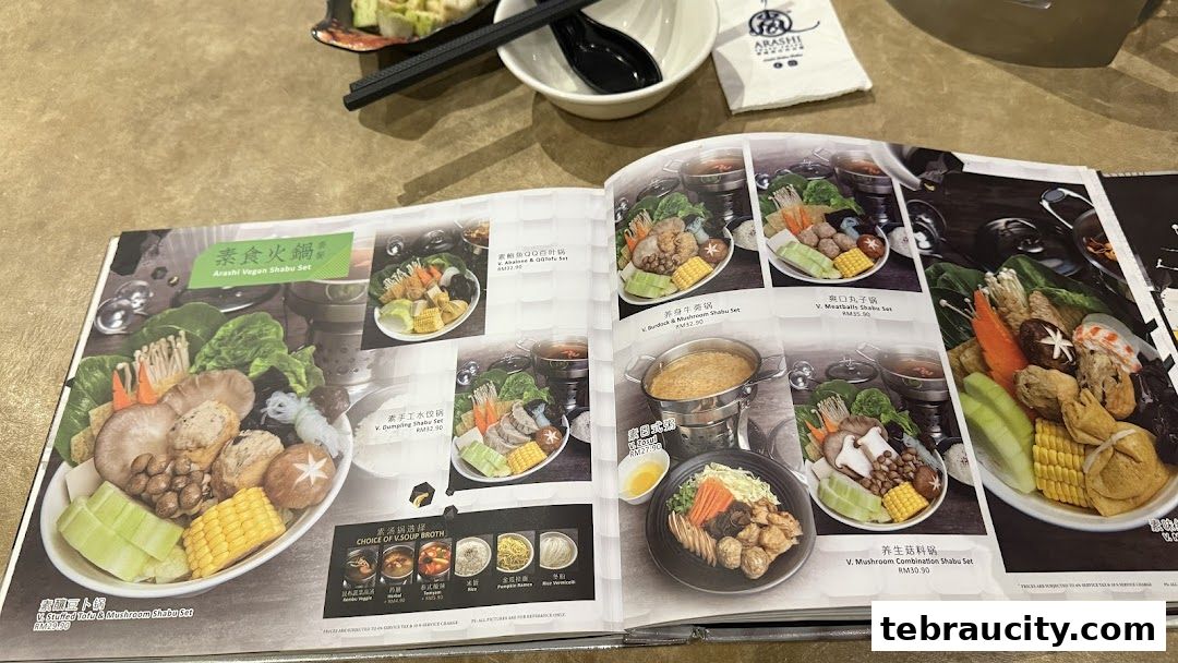 A menu from Arashi Shabu-Shabu featuring various vegan shabu-shabu sets with fresh ingredients.