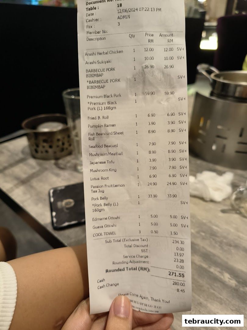 A close-up of a receipt from Arashi Shabu-Shabu showing various food items and their prices.