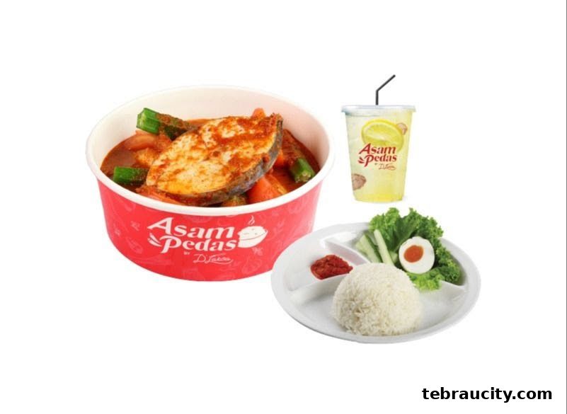 A delicious meal featuring Asam Pedas fish, rice, vegetables, and a refreshing drink.