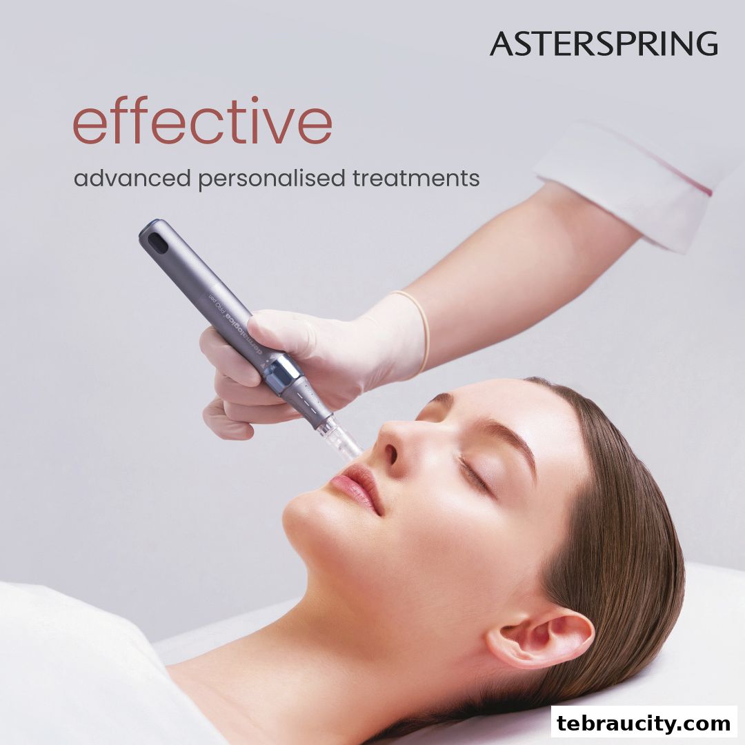 Aesthetician performing a facial treatment on a woman with a microneedling device.