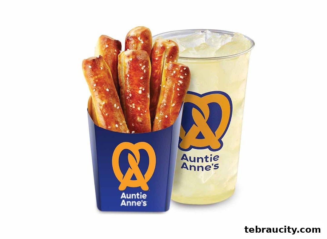 Auntie Anne's pretzels and a lemonade drink with the brand's logo.