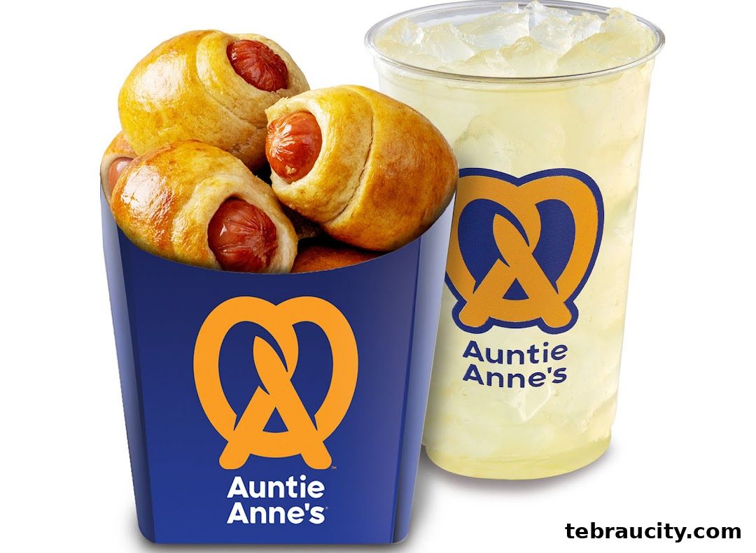 Auntie Anne's pretzel dogs and a lemonade drink.