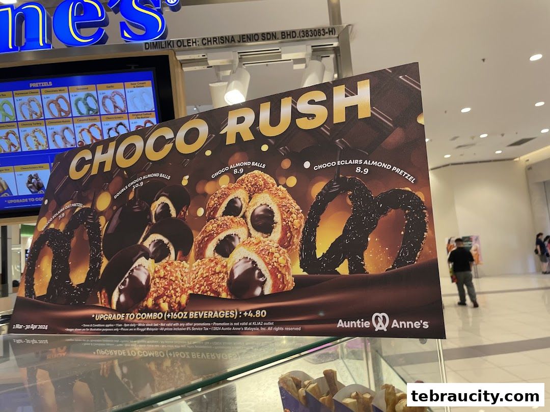 A promotional poster for Auntie Anne's 'Choco Rush' featuring chocolate-covered pretzels and almond balls.