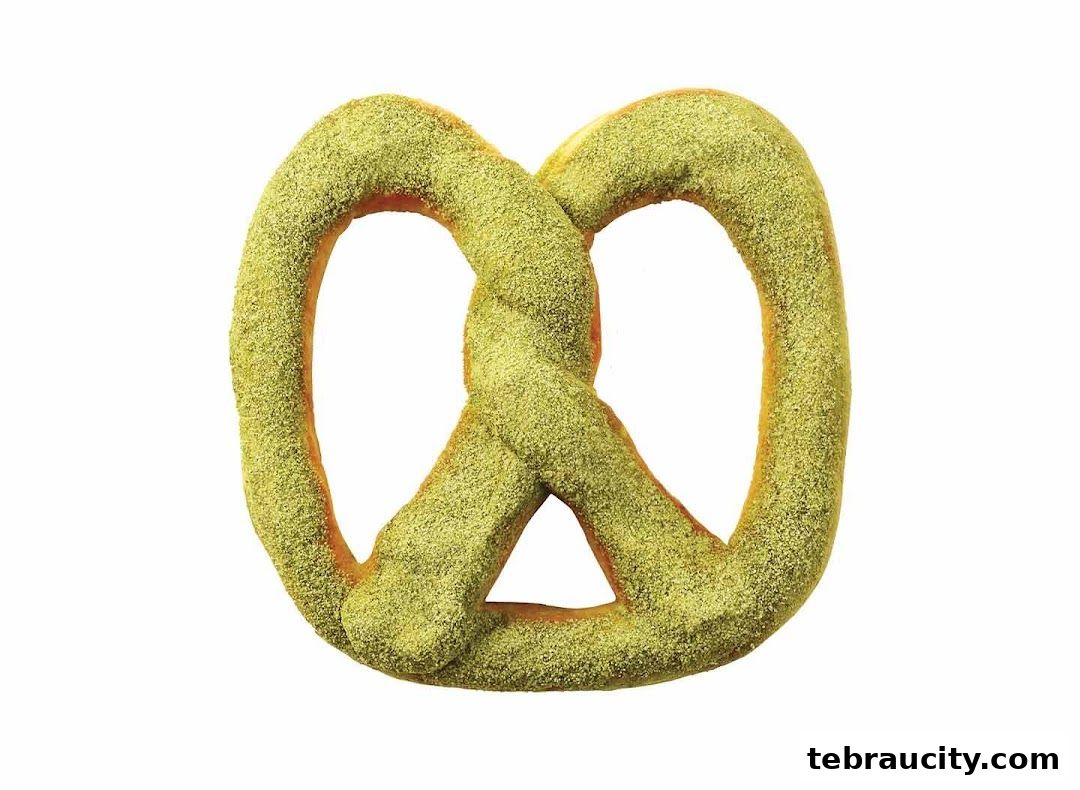 A close-up shot of a pretzel coated in green seasoning against a white background.