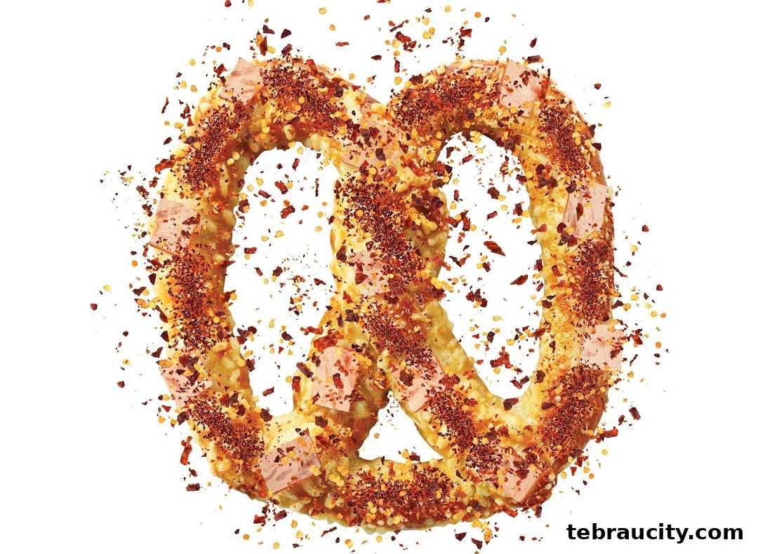 A pretzel topped with cheese and chili flakes, with pieces of ham scattered around.