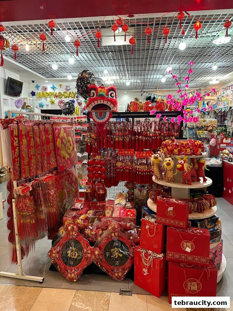 A shop interior filled with festive Chinese New Year decorations and gifts.