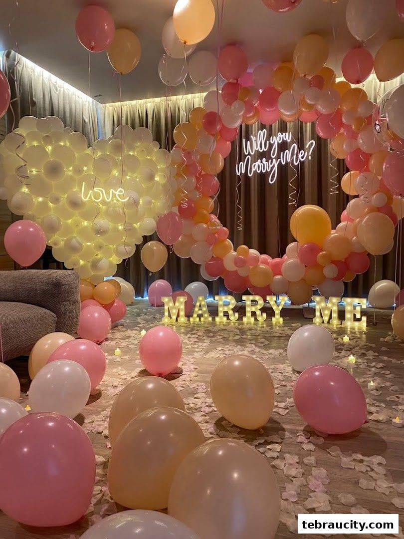 A romantic proposal setup with balloons, lights, and a 'Marry Me' sign.