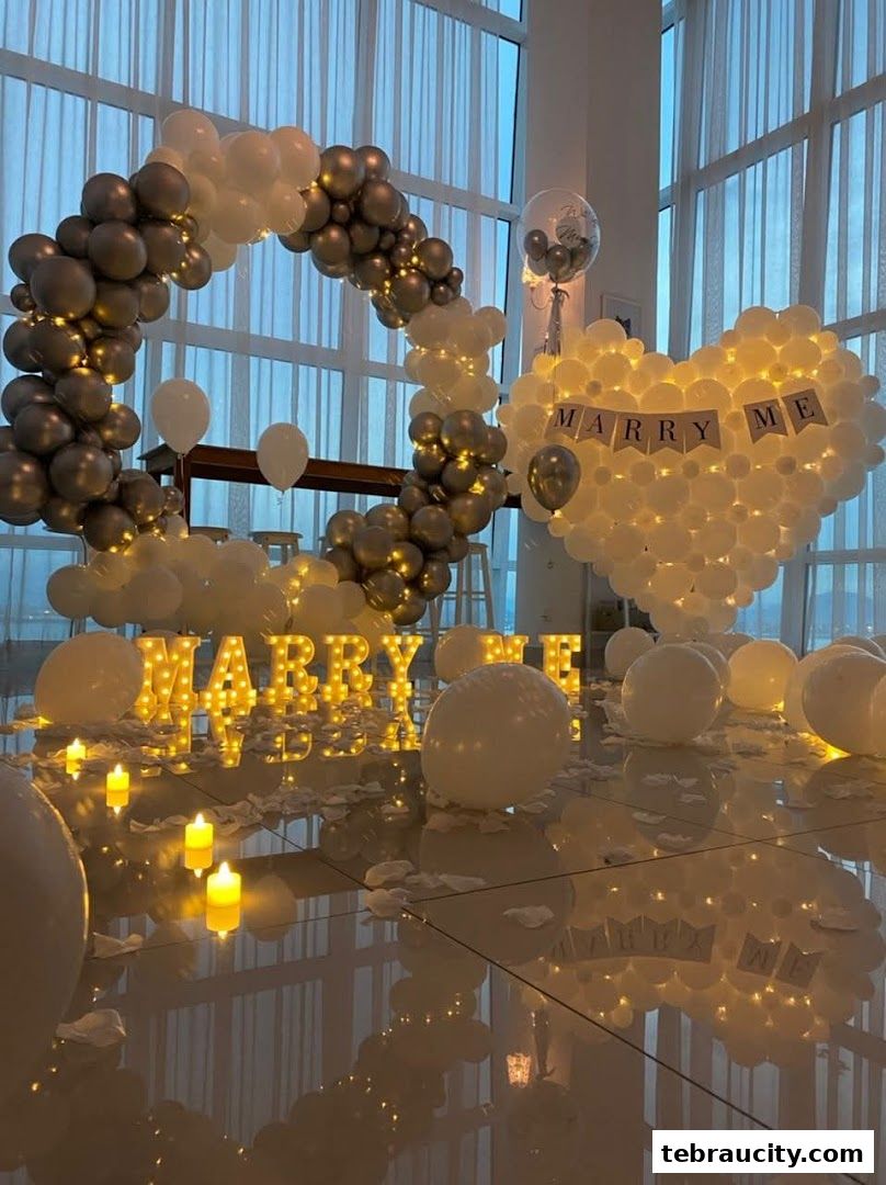 A romantic proposal setup with balloons, lights, and rose petals.