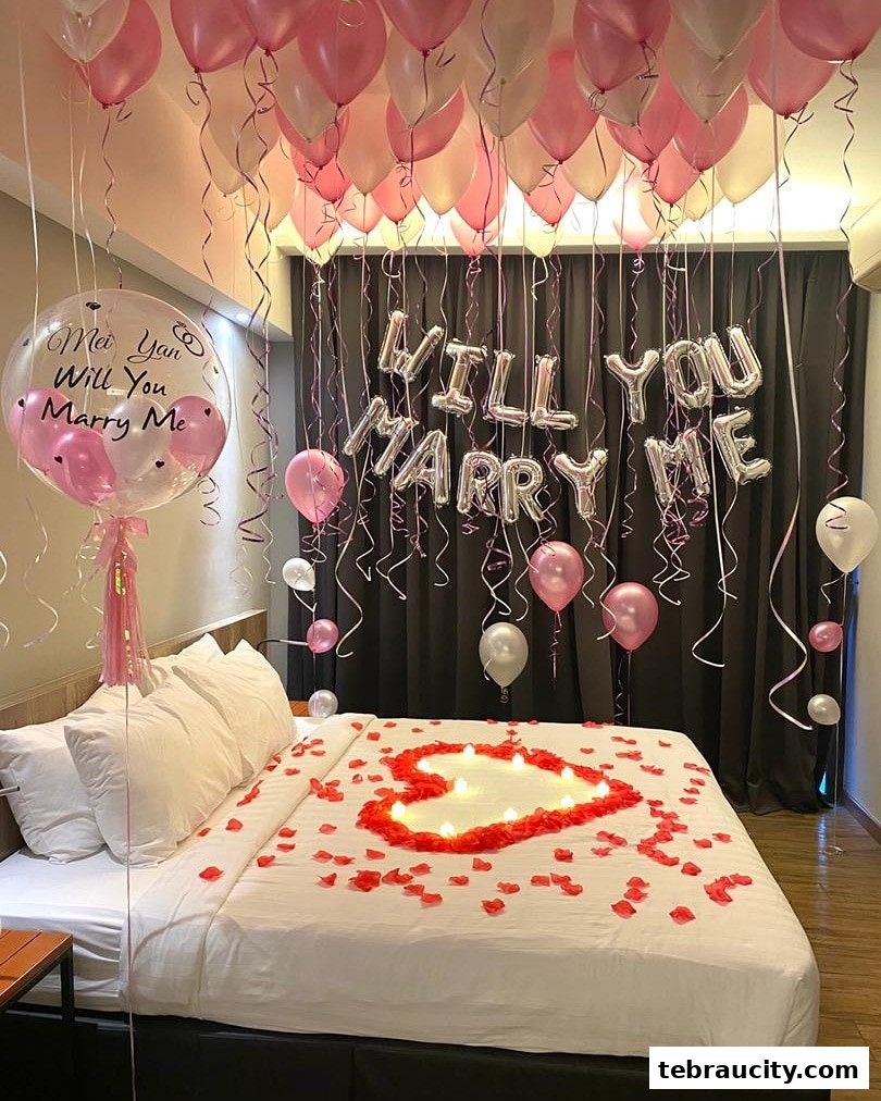 A romantic bedroom setup with balloons, rose petals, and candles forming a heart shape on the bed.