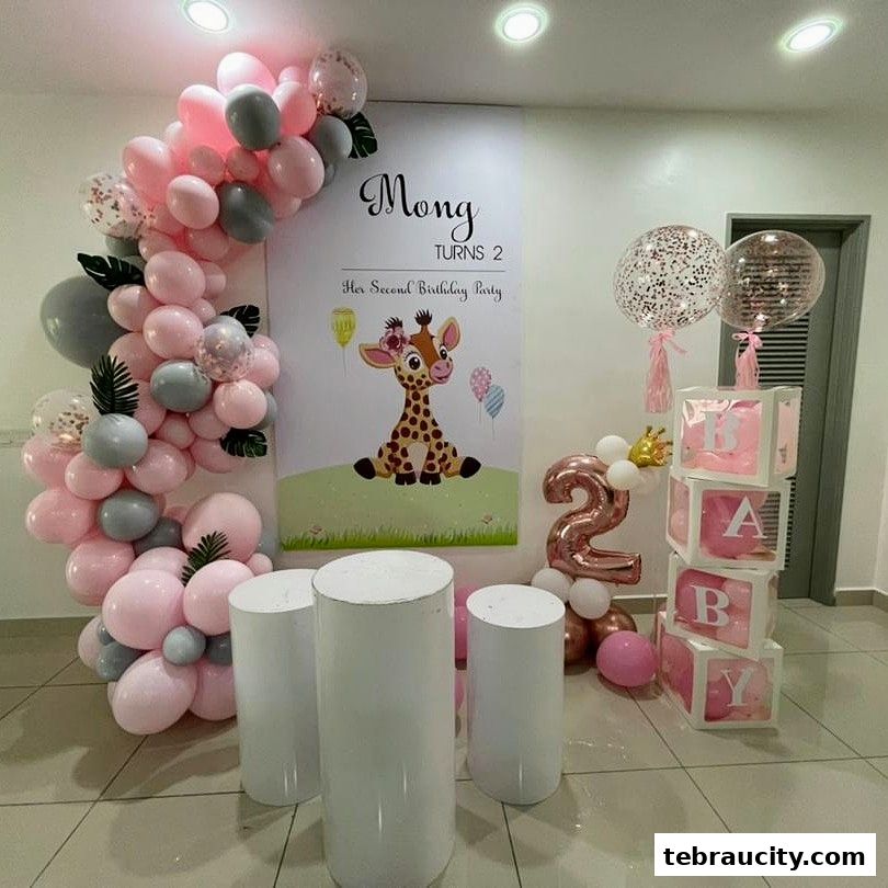 A birthday party setup with a giraffe theme, featuring balloon decorations and a personalized banner.