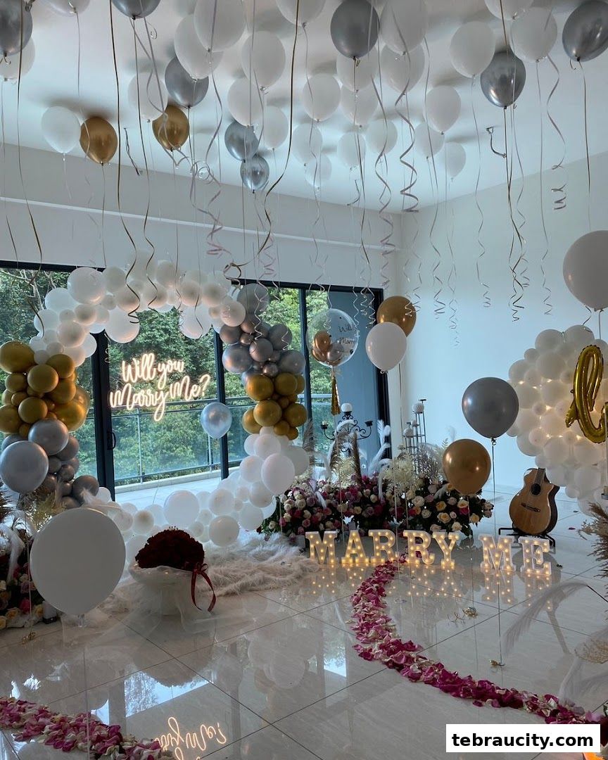 A romantic proposal setup with balloons, flowers, and a 'Marry Me' neon sign.