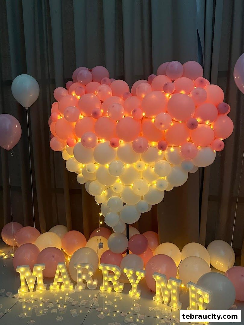 A large heart-shaped balloon arrangement with lights and 'MARRY ME' letters.