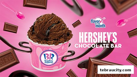 A cup of Hershey's Chocolate Bar ice cream from Baskin-Robbins, surrounded by chocolate bars and spoons.